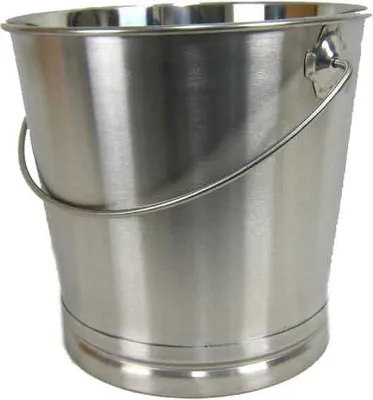 A stainless steel bucket with a handle is shown against a white background.
