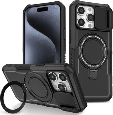 Produktbild von Handyhülle für iPhone 15 Pro Kompatibel mit MagSafe, Robuste Hülle mit Schiebe Kamera Schutz, Magnetischer Ringständer Schwarz