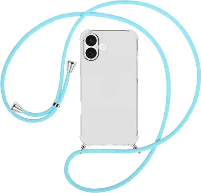 Produktbild von Handykette Backcover-Schutzhülle mit Band (Metall silberfarben) für iPhone 16 Plus - himmelblau