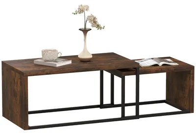Produktbild von 2er-Set Couchtisch, Sofatisch, Beistelltisch, Spanplatte, Metall, 90 x 48 x 42 cm/59 x 42 x 36 cm, Schwarz+Braun
