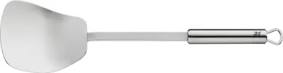 A single stainless steel kitchen utensil with a wide, curved head and a long handle with a hanging loop.