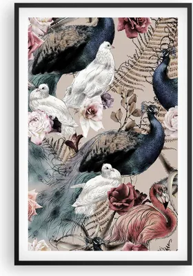 Produktbild von Gerahmtes Poster - Schwarzer Rahmen - Pfauen Squab Flamingos - 61x91,5 cm - Wand Bild - Wanddeko - Wandbilder - Kunstposter - Wandposter - Bilderrahmen - Bilder - Kunstdruck - P2BPA61x91-4890