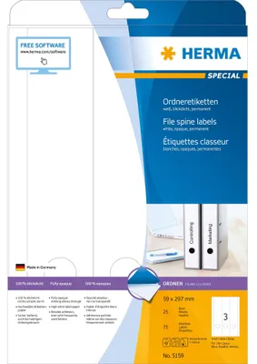 Immagine prodotto di Etichette per raccoglitori HERMA A4 bianche 59x297 mm, carta opaca, opache, 75 pezzi