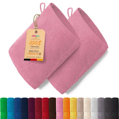 Produktbild von EllaTex PARIS 2er Set Waschhandschuhe 15x21 cm – 100% Baumwolle, 500 g/m² Frottier, in Farbe: Rosa