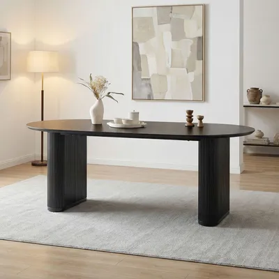 Produktbild von Esstisch DONOVAN 200x100 (BxT), Schwarz – ovaler Esszimmertisch mit modernen Tischbeinen aus Metall im Rillendesign, Tischplatte in schwarzer Holzoptik MDF