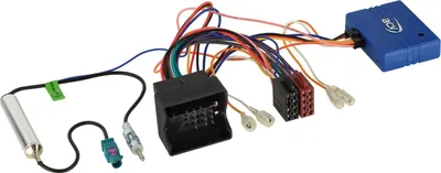 A car radio adapter harness with various connectors and a blue control module, laid out on a white background.