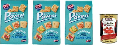 Produktbild von Gran Pavesi Sfoglie Classiche Cracker im Ofen gebacken knusprig Salzgebäck snack 3x 180 gr + Italian Gourmet polpa 400g