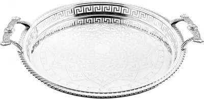Zdjęcie produktu dla Tace do serwowania Sunay w kolorze srebrnym Okrągłe ze wzorem z eleganckimi uchwytami 38x3,5 cm