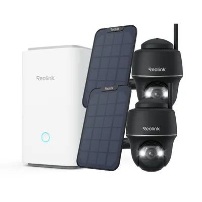 A white base station, two solar panels, and two black security cameras are arranged on a white background.