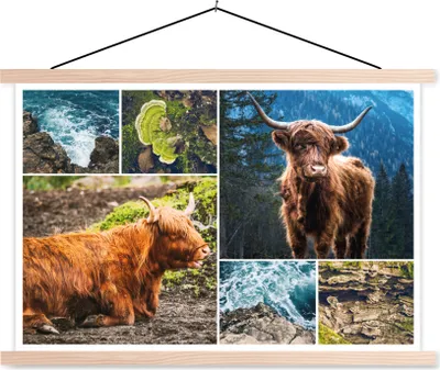 Produktbild von MuchoWow® Textilposter Schottisches Hochlandrind - Berg - Meer 60x40 cm mit holzfarbenen Rahmen - Bilder