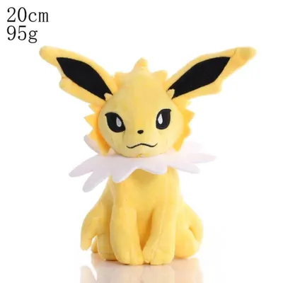 A yellow plush toy of a Pokemon character, likely Jolteon, is shown sitting against a white background.