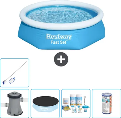 Produktbild von Bestway runder aufblasbarer Fast-Set-Schwimmpool – 244 x 61 cm – Blau – inklusive Pumpe Abdeckung - Wartungspaket - Filter - Reinigungskit