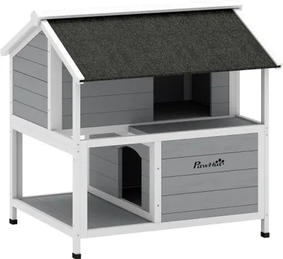 Produktbild von Outdoor-Katzenhaus, Katzenzuflucht für den Außenbereich, wasserfest, aufklappbares Dach, Fichtenholz, 80 x 93 x 95, Grau