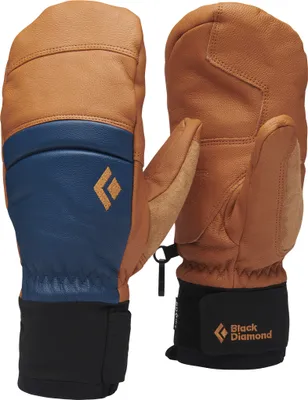 Skihandschuhe "Spark Mitts" von Black Diamond; braun mit blauen Akzenten und elastischem Bündchen.