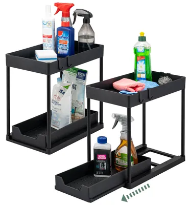 Produktbild von eluno Spülschrank-Organizer 2er Set, 2-stöckiges ausziehbares Unterschrankregal inkl. 8 Haken, schwarz