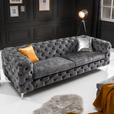 Produktbild von riess-ambiente Chesterfield 3er Sofa MODERN BAROCK 235cm dunkelgrau Samt 3-Sitzer Dreisitzer Couch