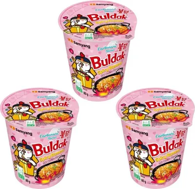 Produktbild von 3 x 80g Buldak Carbonara Cup – Scharfe Instant-Nudeln mit cremiger Carbonara Sauce – Koreanische Halal Ramen +Heartforcards Versandschutz