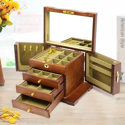 Zdjęcie produktu dla Drewniany organizer na biżuterię z lusterkiem i zamkiem, gablota na biżuterię 4 warstwy na biżuterię, kolczyki, pierścionki, naszyjniki, bransoletki