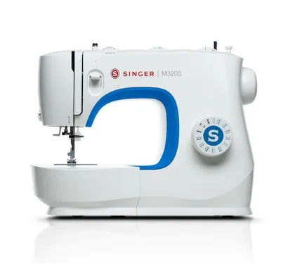 A white and blue Singer M3205 sewing machine is shown against a white background.