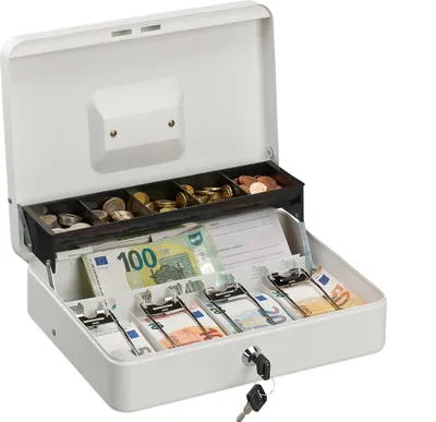 Produktbild von Relaxdays Geldkassette abschließbar, Münzeinsatz, 4 Scheinfächer, Geldkasse Eisen, Kasse HBT 8,5 x 30,5 x 24,5 cm, weiß