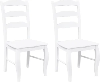 Two white wooden chairs are shown against a white background.