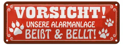 Produktbild von Blechschild Spruch 27x10cm Vorsicht unsere Alarmanlage beißt und bellt Hund