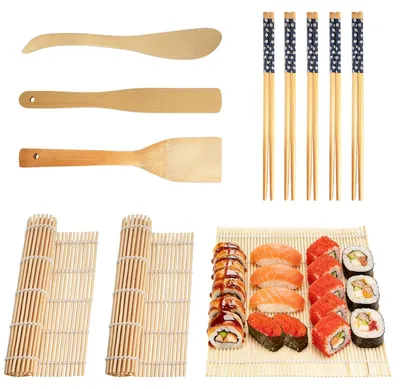 Produktbild von Sushi-Set Sushi-Matte Sushi-Maker-Set - 3 Matten - 5 Paar Essstäbchen - Bambus und Holz - Mit Spatel und Vormstab