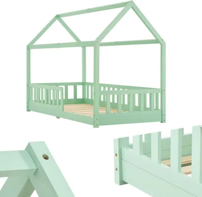 Produktbild von Juskys Kinderbett Marli 90 x 200 cm - Rausfallschutz, Lattenrost & Dach - Holz Mint