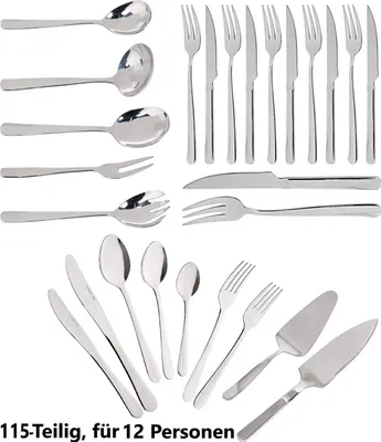Produktbild von JUNG Besteck-Set Alpina Tafelbesteck 12 Personen, Besteckset Besteck 115 tlg, Edelstahl, 12 Personen, Spülmaschinenfest, Tischbesteck, Menübesteck