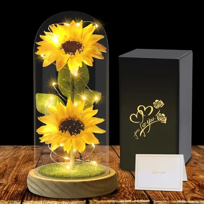 Image de Fleur de tournesol artificielle dans un dôme en verre, fleur éternelle jaune, cadeau pour la fête des mères, idéal pour les femmes