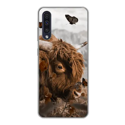 Produktbild von MuchoWow® Handyhülle Schutzhülle Hülle für Samsung Galaxy A30s Scottish Highlander - Schmetterlinge - Pflanzen Silikon Softcase Handy Hülle - Karteninhaber