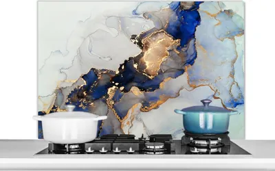 Produktbild von KitchenYeah®  Spritzschutz Küche - Küchenrückwand - Wandschutz für Herd und Spüle - Marmor - Blau - Gold 100x65 - Alu-Dibond (Alternative zum Spritzschutz aus Glas) - Hitzebeständig - Herdspritzschutz