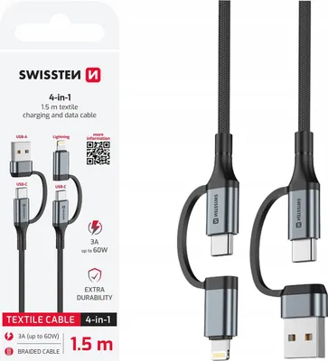 Zdjęcie produktu dla SWISSTEN Kabel do ładowania 4w1 1,5M USB-C, USB-A i Lightning 60W Czarny
