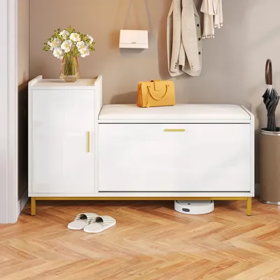 Obrázok produktu pre Bielooranžový lesklý botník, čalúnená sedacia lavica, úložný priestor