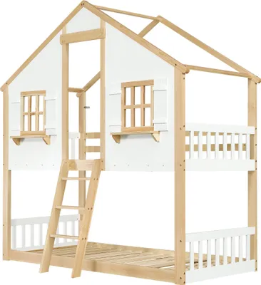 Produktbild von STILVORA Etagenbett 90x200 mit Sicherheitsgeländer,Kinderbett mit Fenster und Dach,Holzbett mit Lattenrost,Bettgestell mit Maratze,Weiß+Natur