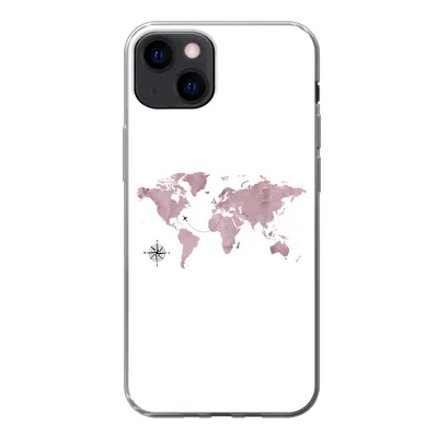A white iPhone 13 case with a pink world map design, a small airplane icon, and a compass rose.