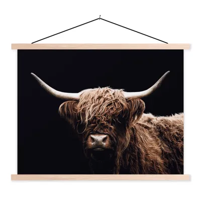 Produktbild von MuchoWow® Textilposter Schottischer Highlander - Schwarz - Horn 40x30 cm mit holzfarbenen Rahmen - Bilder