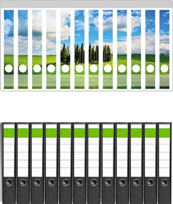 Produktbild von Wallario 12 Stück schmale Ordner inkl. Klebeetiketten mit Motive Kleiner Wald inmitten einer weiten Wiese -  Set mit Rückenschildern / Ordnerrücken Stickern