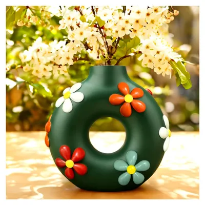Produktbild von Bunte Donut Vase für Blumen, Moderne Boho Kreis Blumenvase Deko Wohnzimmer, Einzigartige Dekorative Hohle Runde Blumen Vasen, Eklektische Ästhetische Gartenarbeit Geschenke, Grün