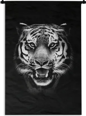Produktbild von MuchoWow® Wandteppich Wandbehang Tigerkopf vor schwarzem Hintergrund - schwarz und weiß 60x90 cm Tapisserie Dekoration Wandtuch - Foto-Teppich - Abwaschbar