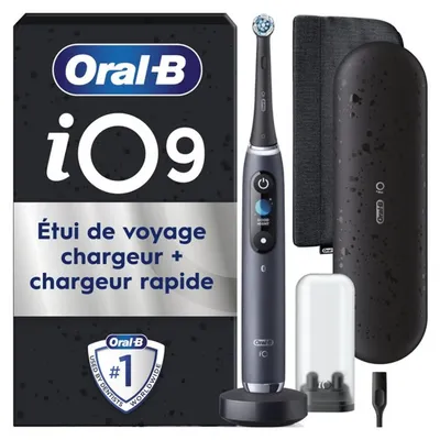 Zdjęcie produktu dla Elektryczna szczoteczka do zębów Oral-B iO9 Noir Onyx z akumulatorem, wyposażona w technologię Smart Adapt, 7 trybów szczotkowania i 2 wymienne końcówki szczoteczki