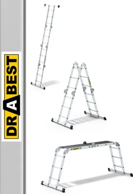 A collage of an aluminum multi-purpose ladder shown in three different configurations: extended straight, A-frame, and as a work platform.
