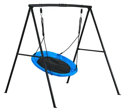 Obrázok produktu pre Záhradná hojdačka SucceBuy s kovovým rámom v tvare písmena A, sedadlom (priemer 101,6 cm), nosnosťou až 199,6 kg, súprava na vonkajšie použitie so zosilnenými kotviacimi kolíkmi a tanierovou hojdačkou v čiernej a modrej farbe