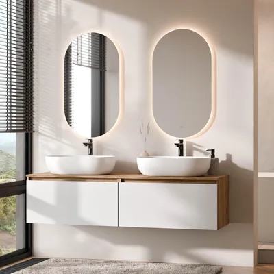 Produktbild von Planetmöbel ARISA Doppelwaschtisch 160 cm in Weiß mit 2 LED Spiegel und 2 weißen Keramik-Aufsatzwaschbecken 60 cm
