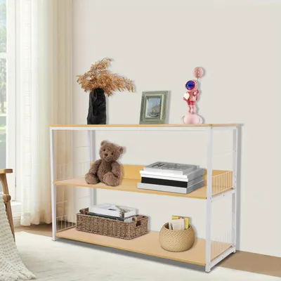 Image de Étagère ouverte pour salon et bureau - Modèle autoportant avec 2 niveaux et structure métallique - Couleur bois