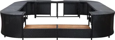 A black rattan whirlpool surround with wooden seating inside, shown from the front.