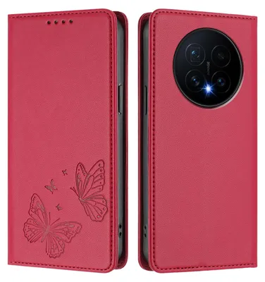 Image de Étui en cuir pour Honor Magic8, motif papillon, étui portefeuille à rabat avec support, rouge