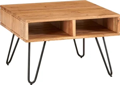 Couchtisch Akazie Massivholz Metall in Gesamtansicht mit zwei offenen Fächern und schwarzen Metallbeinen.
