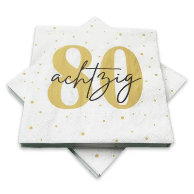 Produktbild von 20 Servietten zum 80. Geburtstag 33 x 33 cm - weiß gold schwarz