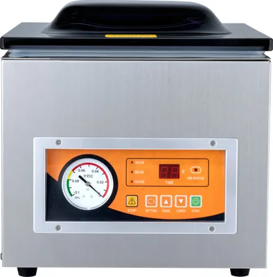 A front view of a vacuum sealer machine with its control panel visible.